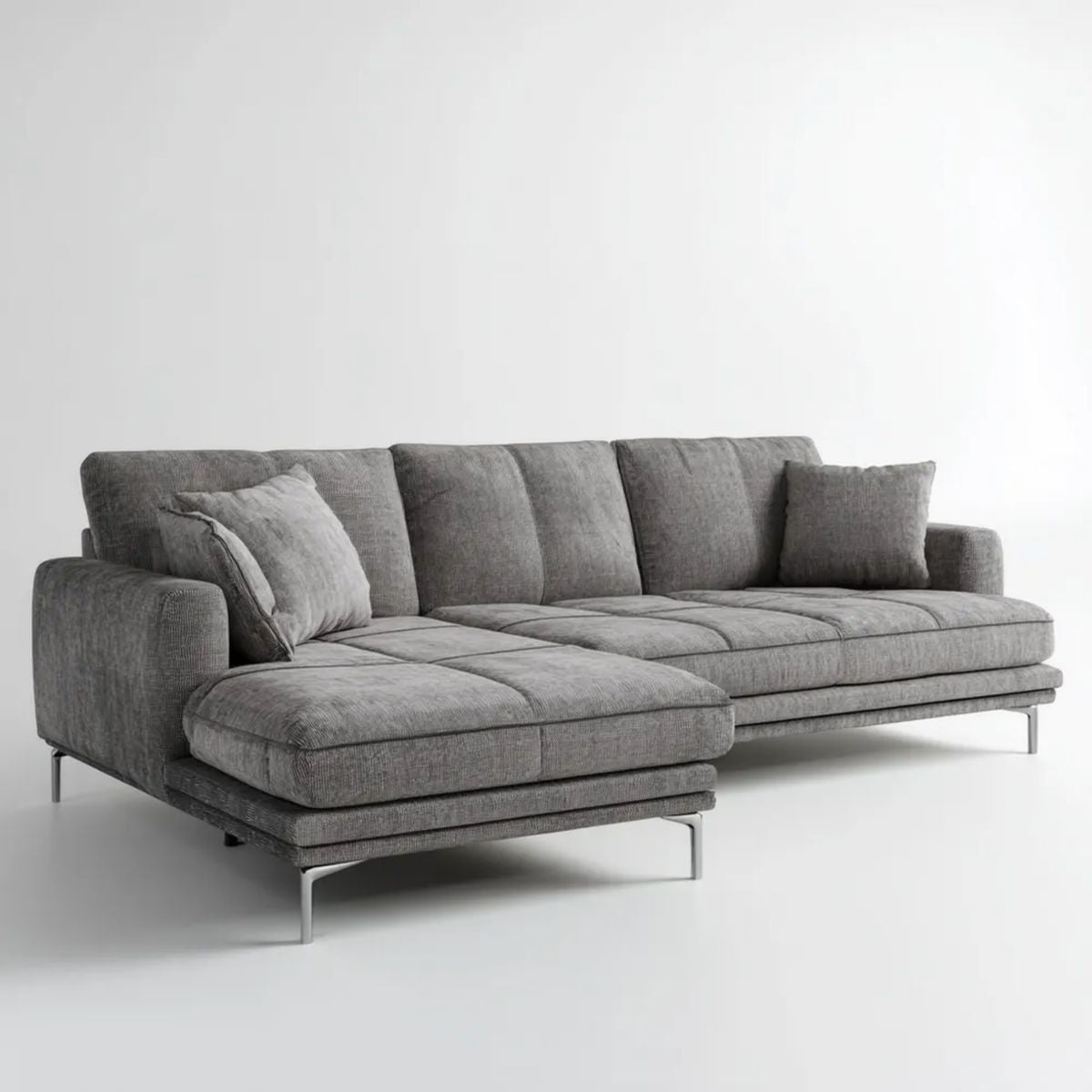 Lewostronna sofa narożna z szezlongiem, szara, tapicerka poliestrowa, 280 × 165 × 85 cm