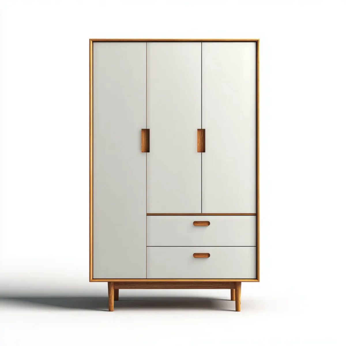 Biała szafa ubraniowa z MDF i litego drewna sosnowego, 3-drzwiowa z 2 szufladami, 120 × 55 × 200 cm