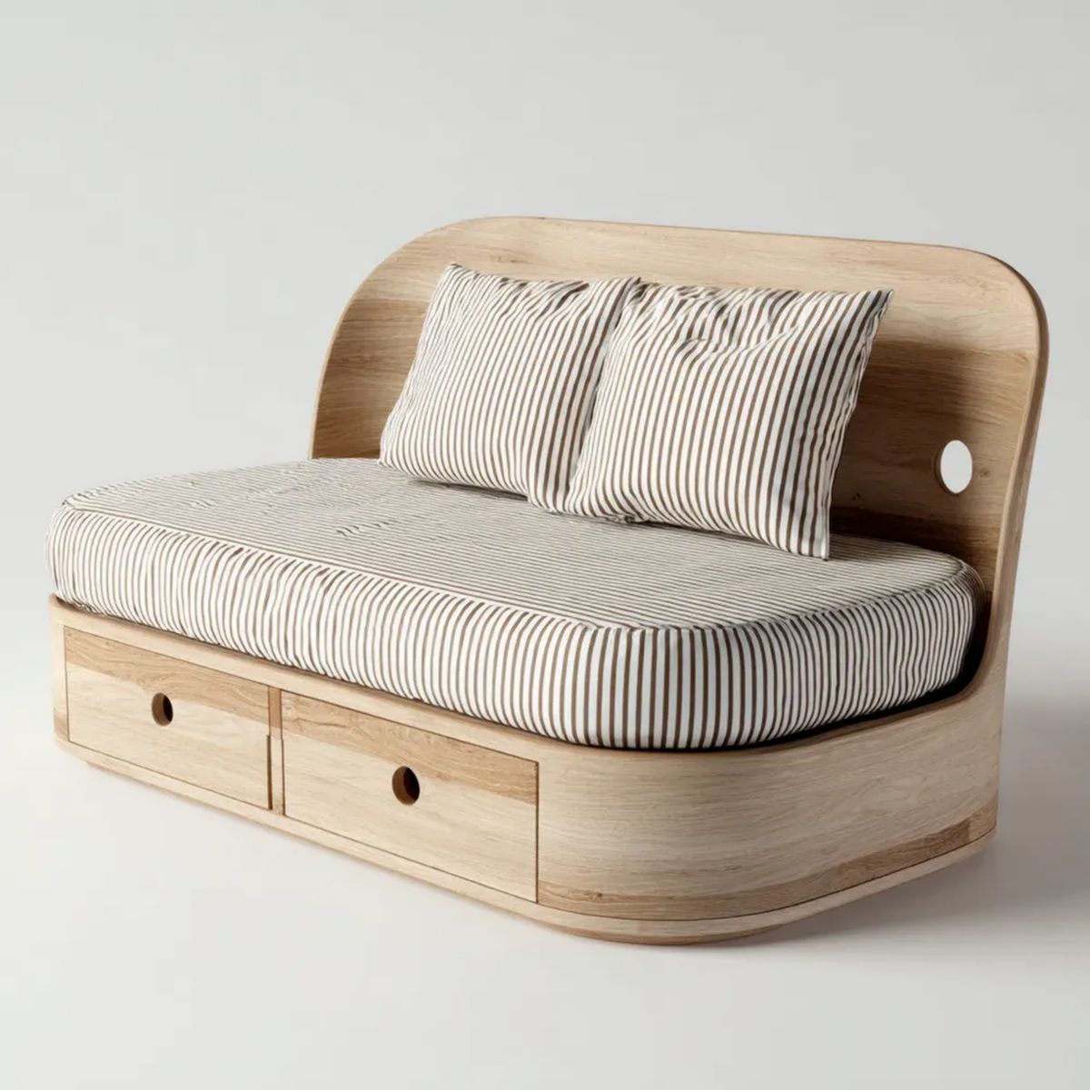 Półokrągła sofa dwuosobowa drewniana z 2 szufladami, jasny dąb/beżowo-brązowa, 120 x 60 x 90 cm