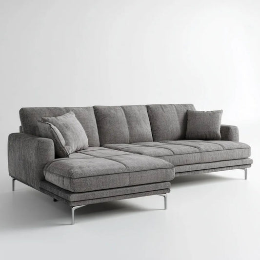 Lewostronna sofa narożna z szezlongiem, szara, tapicerka poliestrowa, 280 × 165 × 85 cm