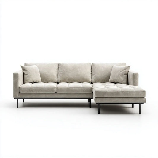 Beżowa sofa narożna w kształcie L z prawostronnym szezlongiem, poliester i pianka, 250 x 160 x 85 cm
