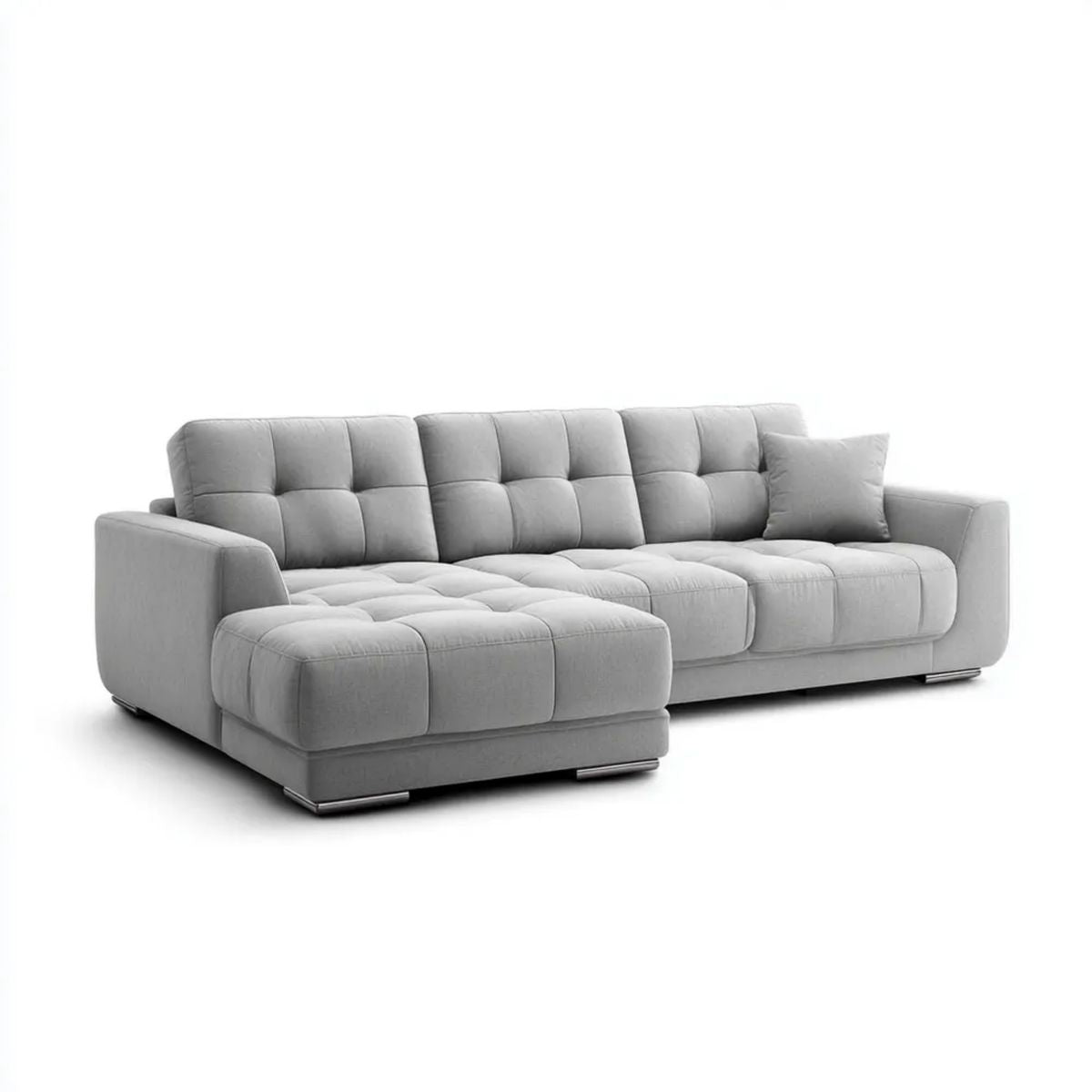 Szara sofa narożna z lewym szezlongiem, tapicerka poliestrowa, 260 × 160 × 85 cm