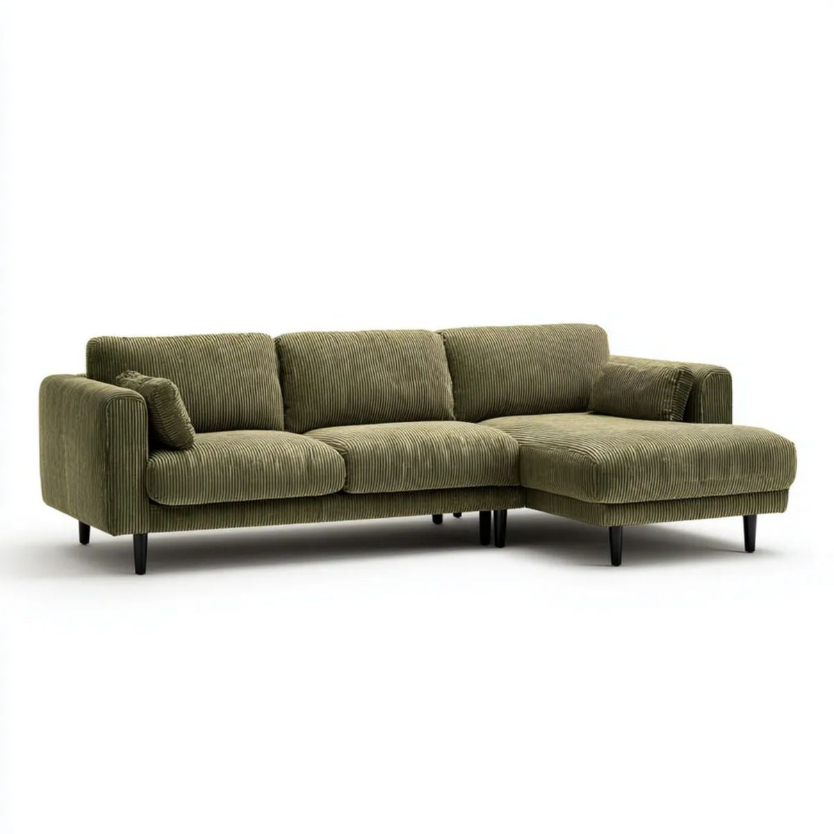 Prawostronna sofa narożna w kształcie L z szezlongiem, oliwkowa, tapicerka sztruksowa, 260 × 160 × 85 cm