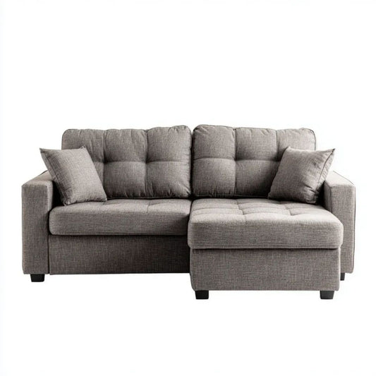 Szara sofa narożna z prawostronnym szezlongiem, tapicerka poliestrowa, 230 × 150 × 85 cm