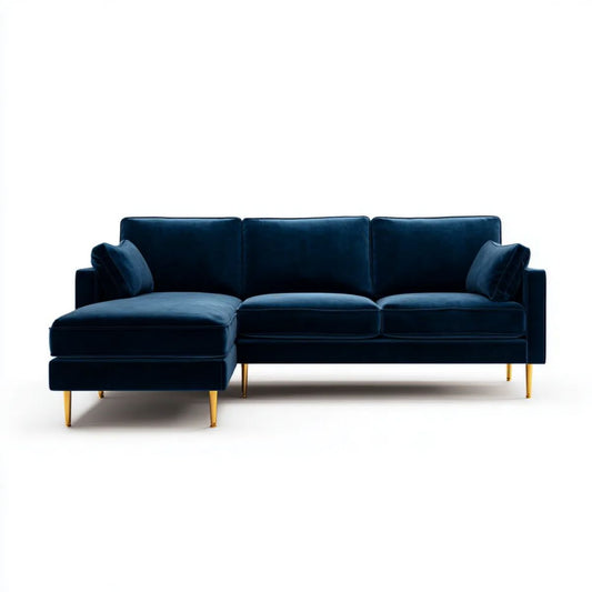 Lewostronna sofa narożna z szezlongiem z poliestru, granatowo-złota, 250 × 160 × 85 cm