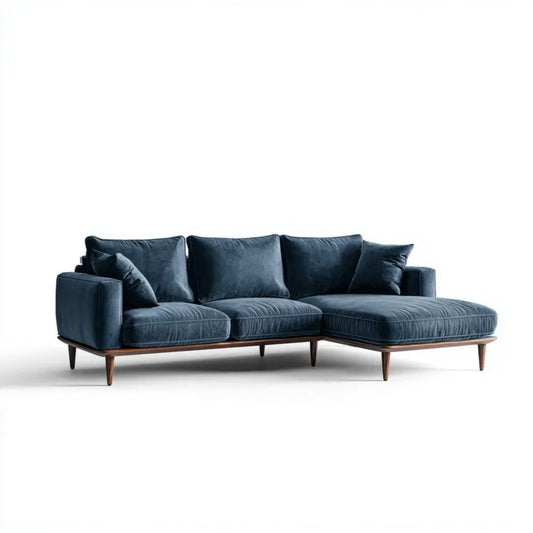 Granatowa sofa narożna prawostronna z szezlongiem, aksamitowa, 260 x 160 x 85 cm