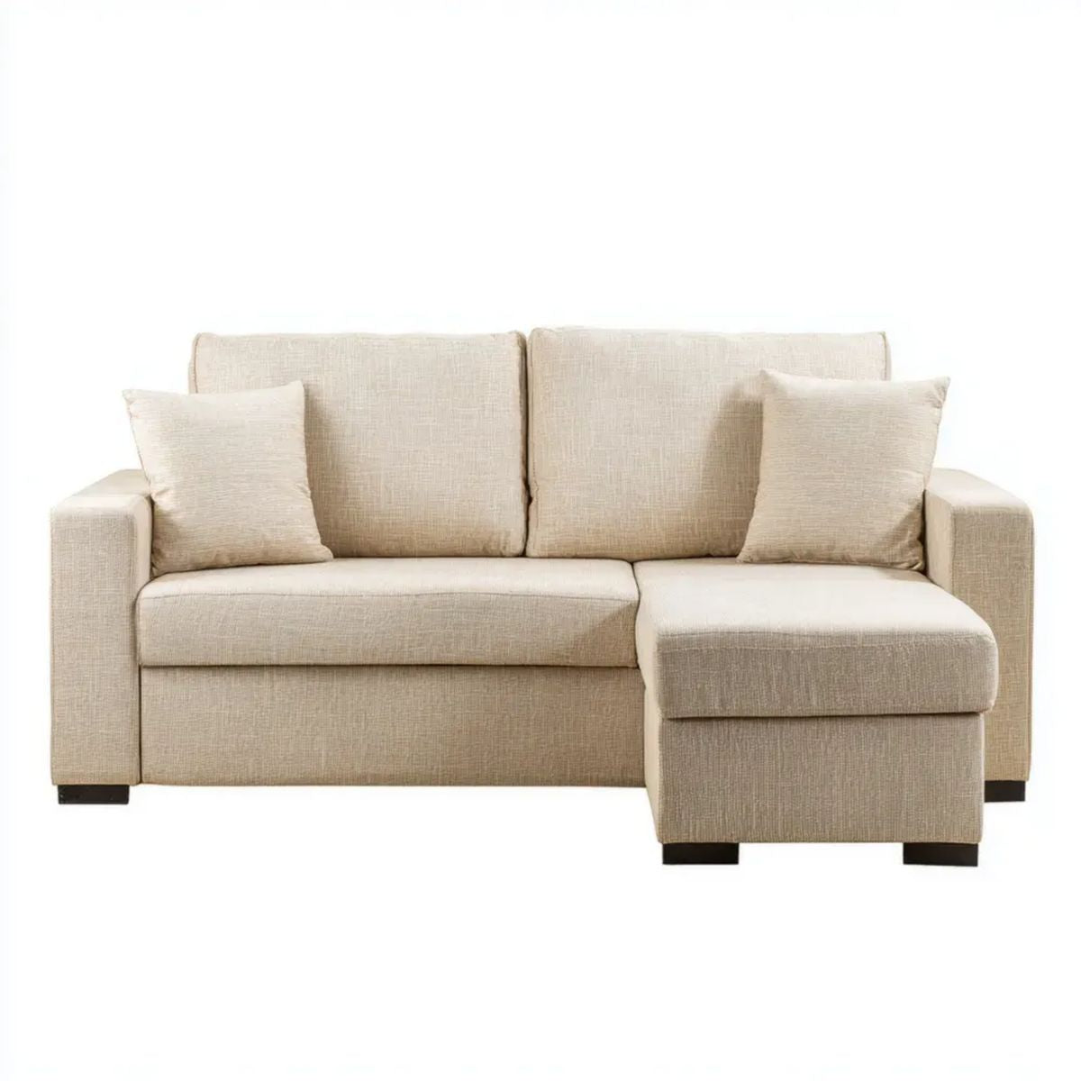 Beżowa sofa trzyosobowa z prawostronnym szezlongiem, tapicerka poliestrowa, 210 × 145 × 85 cm