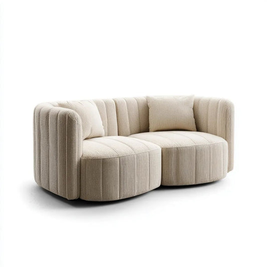 Dwuosobowa sofa beżowa z poliestru sztruksowego, owalna, 180 × 95 × 72 cm