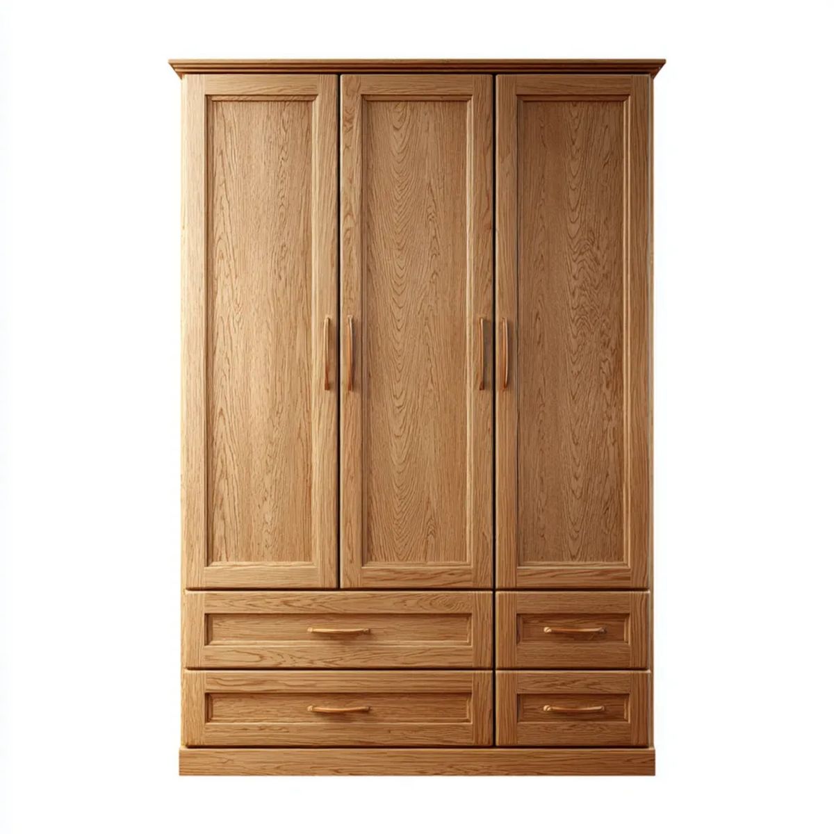 Trzydrzwiowa szafa z litego drewna dębowego, naturalny dąb, 150 x 60 x 200 cm, 4 szuflady