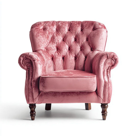 Różowy fotel Chesterfield z aksamitną tapicerką i drewnianymi nogami, 110 x 90 x 105 cm