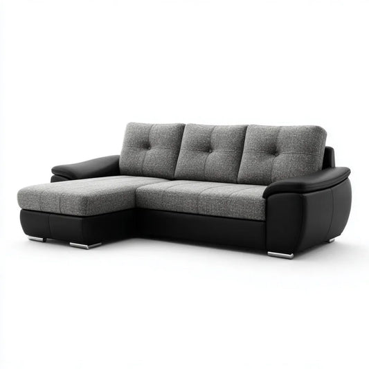 Lewostronna sofa narożna w kształcie L z tkaniny i PU, szaro-czarna, 250 x 160 x 85 cm