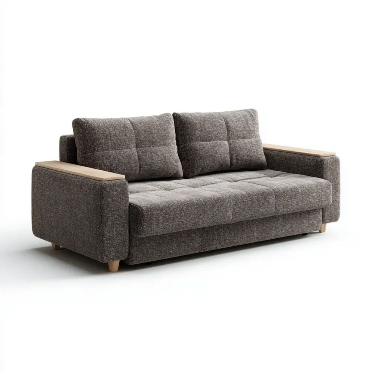 Trzyosobowa sofa z tapicerką poliestrową i drewnianymi podłokietnikami, szaro-brązowa, 220 x 90 x 88 cm
