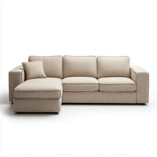 Beżowa sofa narożna w kształcie L z lewym szezlongiem z tkaniny, 260 × 160 × 85 cm