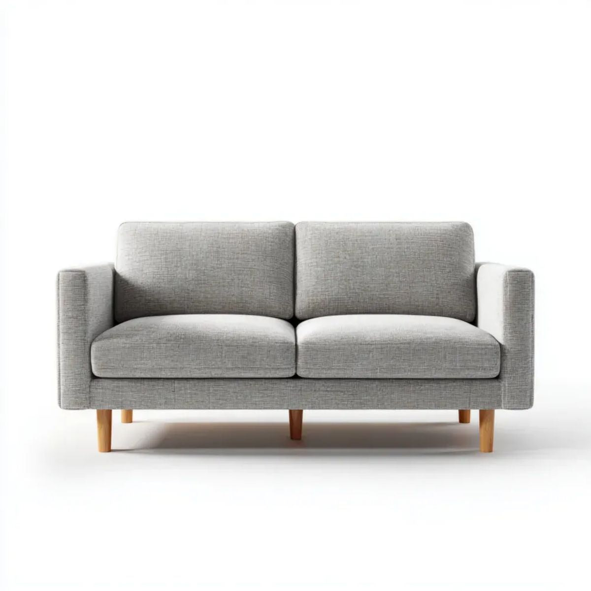 Sofa dwuosobowa szara z tapicerką poliestrową i drewnianymi nogami, 145 x 78 x 82 cm