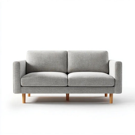 Sofa dwuosobowa szara z tapicerką poliestrową i drewnianymi nogami, 145 x 78 x 82 cm