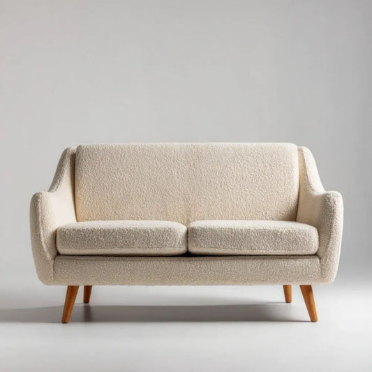 Dwuosobowa sofa kremowa z tkaniny bouclé 140 x 78 x 85 cm z drewnianymi nogami