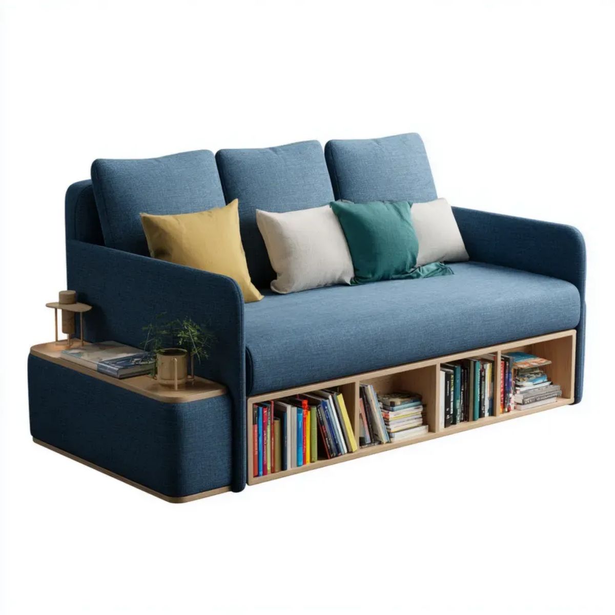 Trzyosobowa sofa granatowa z tapicerką poliestrową, półkami i modułem bocznym 210 x 85 x 88 cm