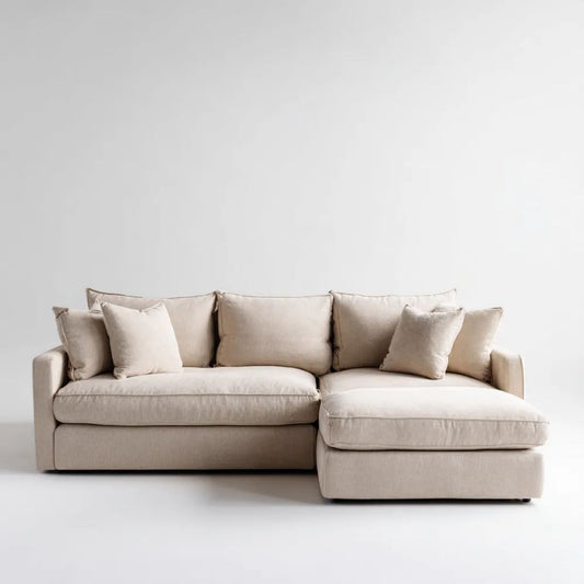 Beżowa sofa narożna z prawym szezlongiem, tapicerowana poliestrem, 260 x 160 x 85 cm