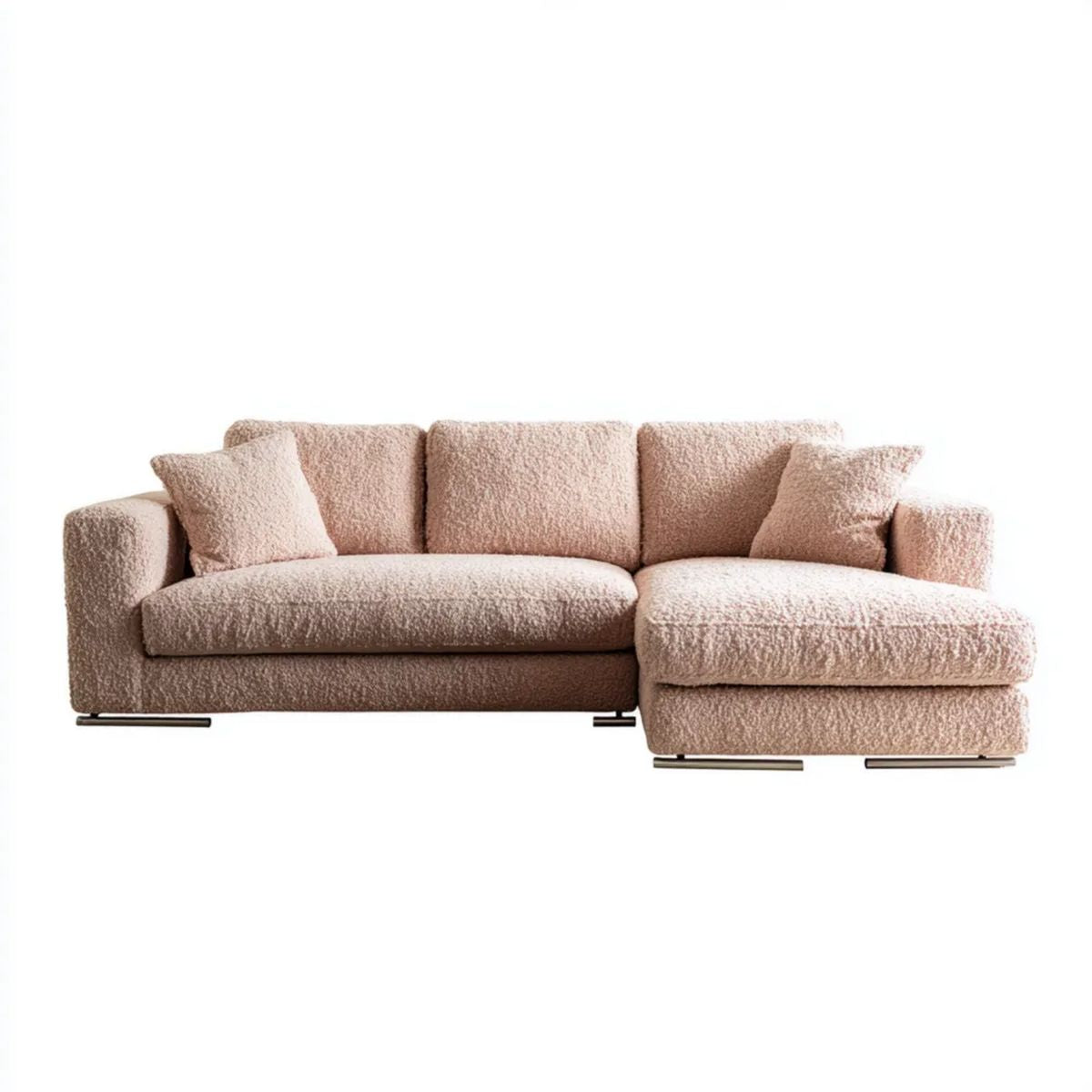 Beżowa sofa narożna z prawostronnym szezlongiem, tapicerowana tkaniną bouclé, 270 x 165 x 85 cm
