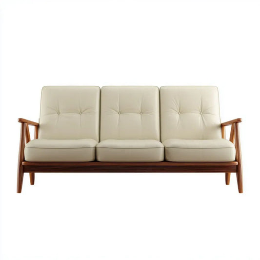 Trzyosobowa sofa kremowa z tapicerką PU i drewnianą ramą, 180 x 75 x 85 cm